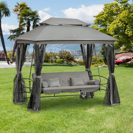 Outdoor swing with canopy in a garden setting