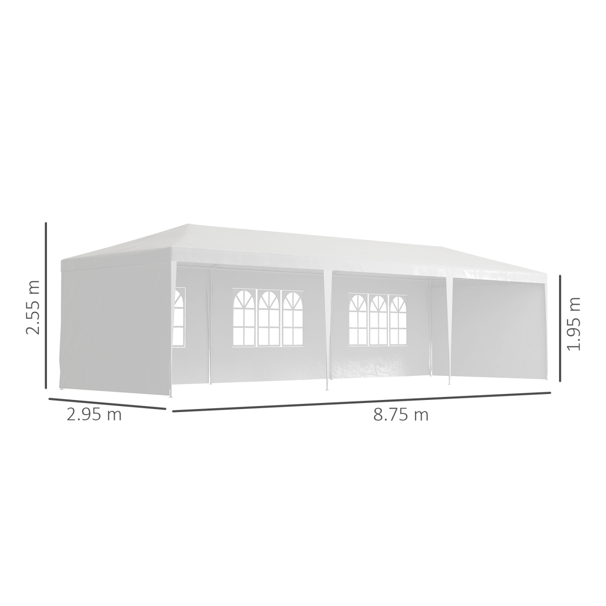 Measurement chart of a white canopy tent  marquee with dimensions on a white background