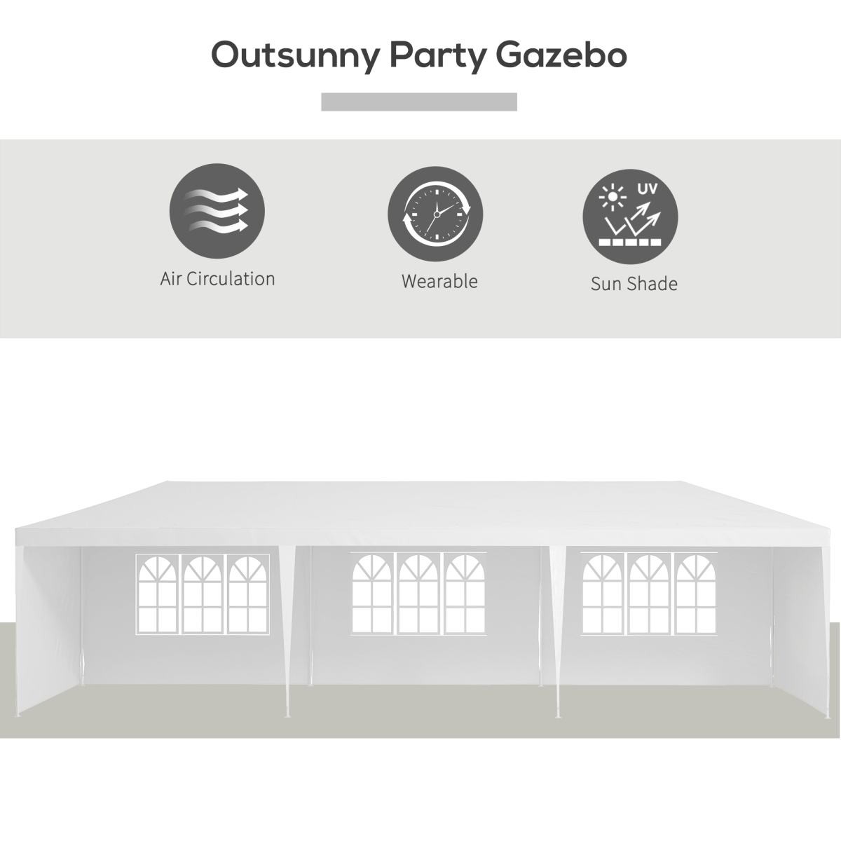 Outsunny Party Gazebo with features for air circulation, wearability, and sun shade on a white background.