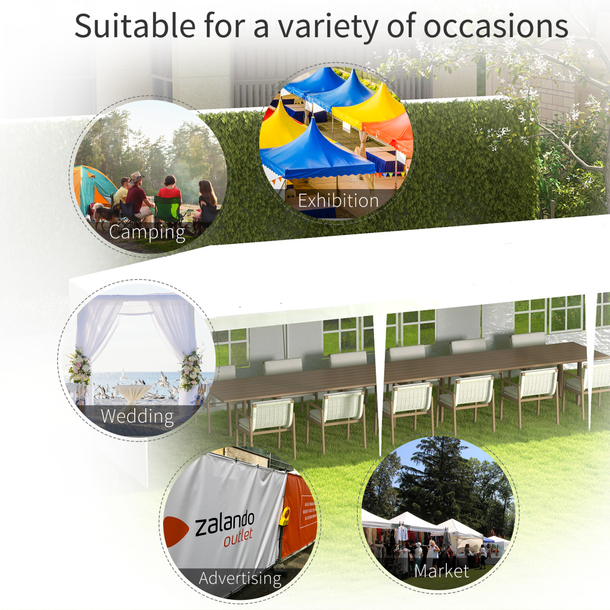 Multicolored canopy tents used for various occasions including camping, exhibition, wedding, advertising, and market.