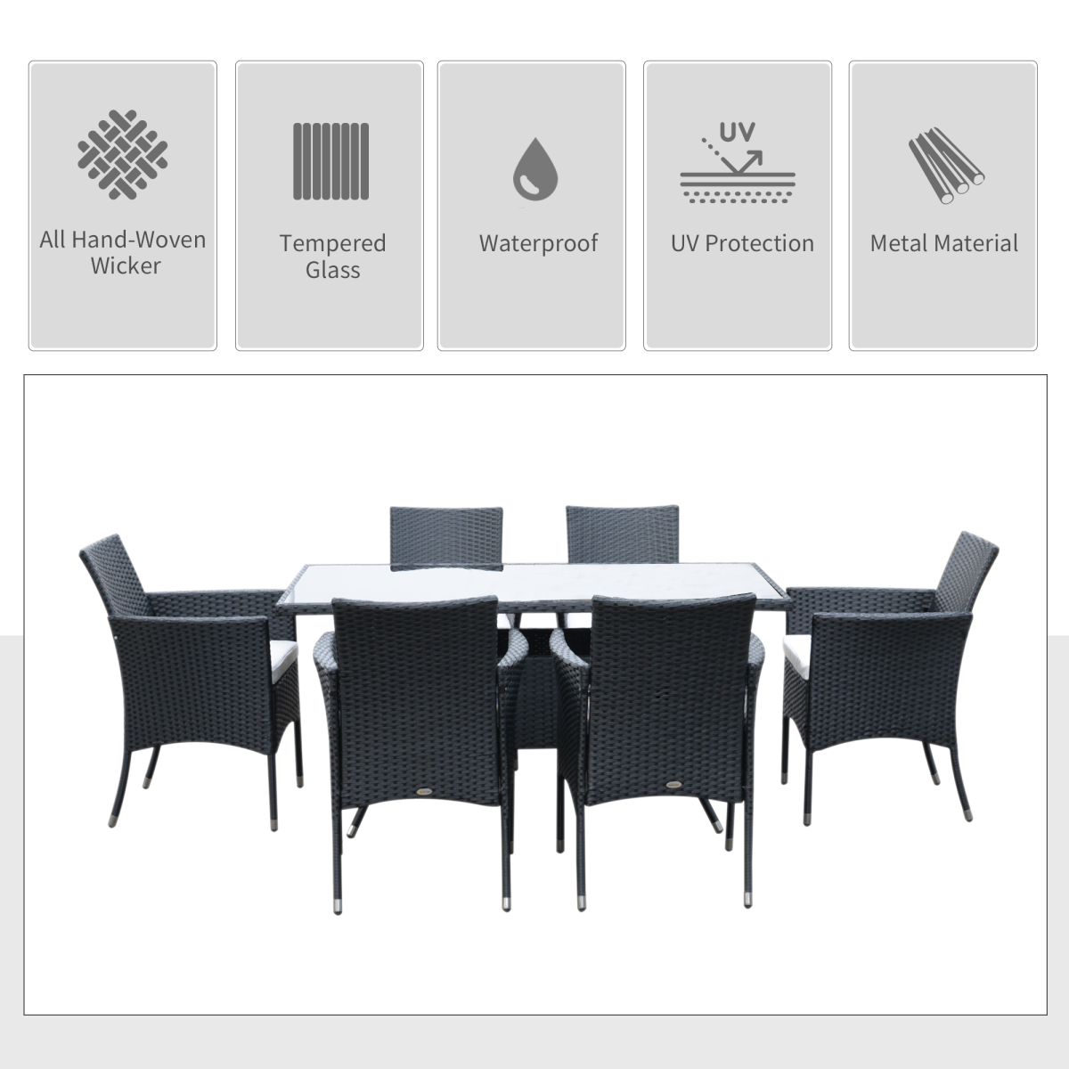 Outdoor furniture set with a table and chairs, featuring icons for hand-woven wicker, tempered glass, waterproof material, UV protection, and metal construction.