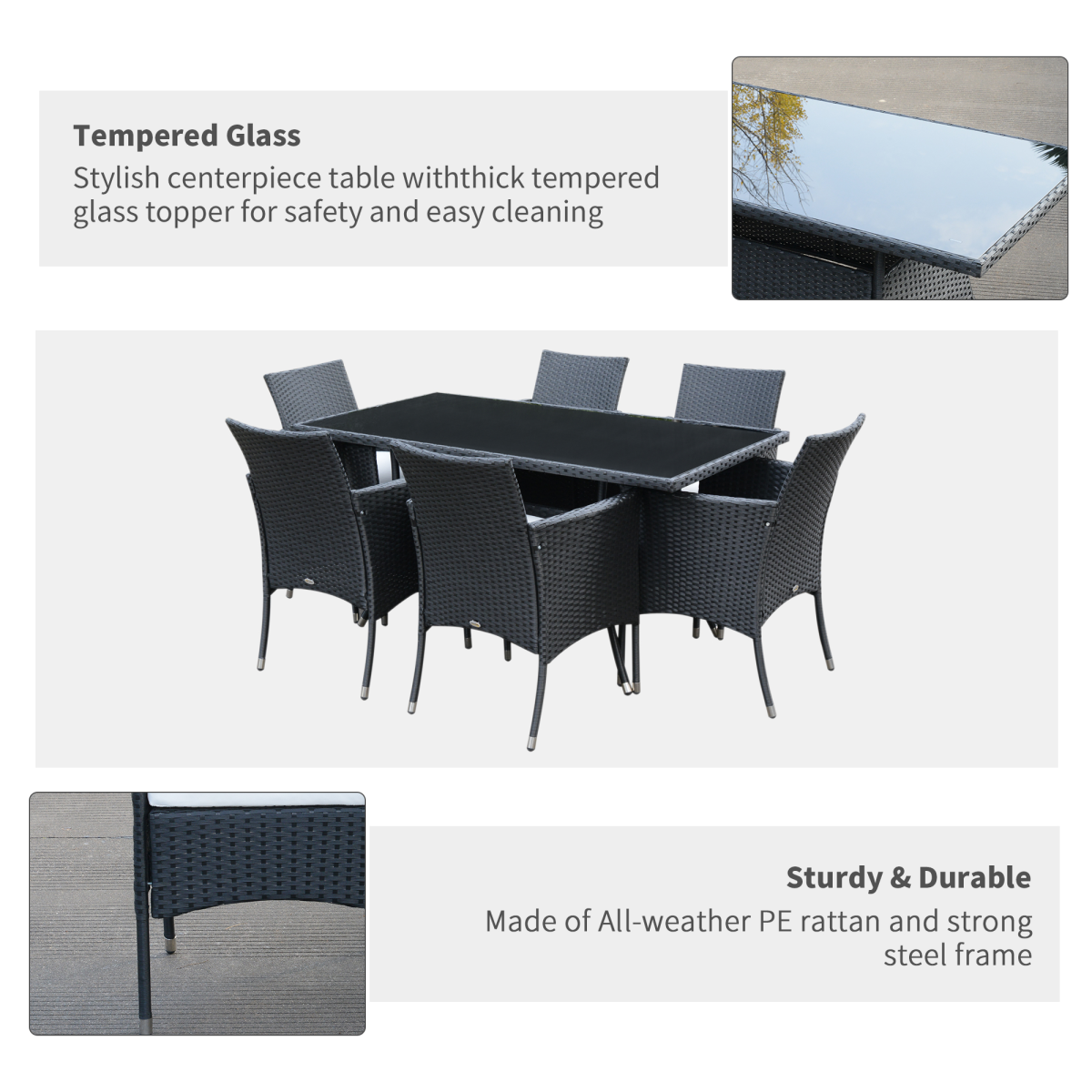 Outdoor dining set with tempered glass table and wicker chairs on a light gray background.