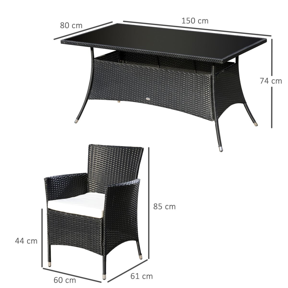 Black outdoor table and chair set with dimensions on a white background