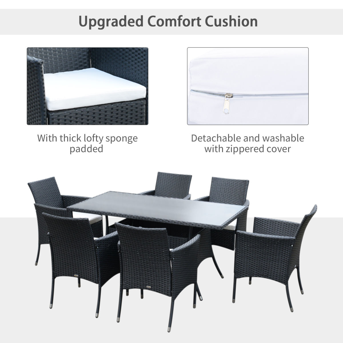 Outdoor furniture set with black chairs and a table, featuring upgraded comfort cushions.