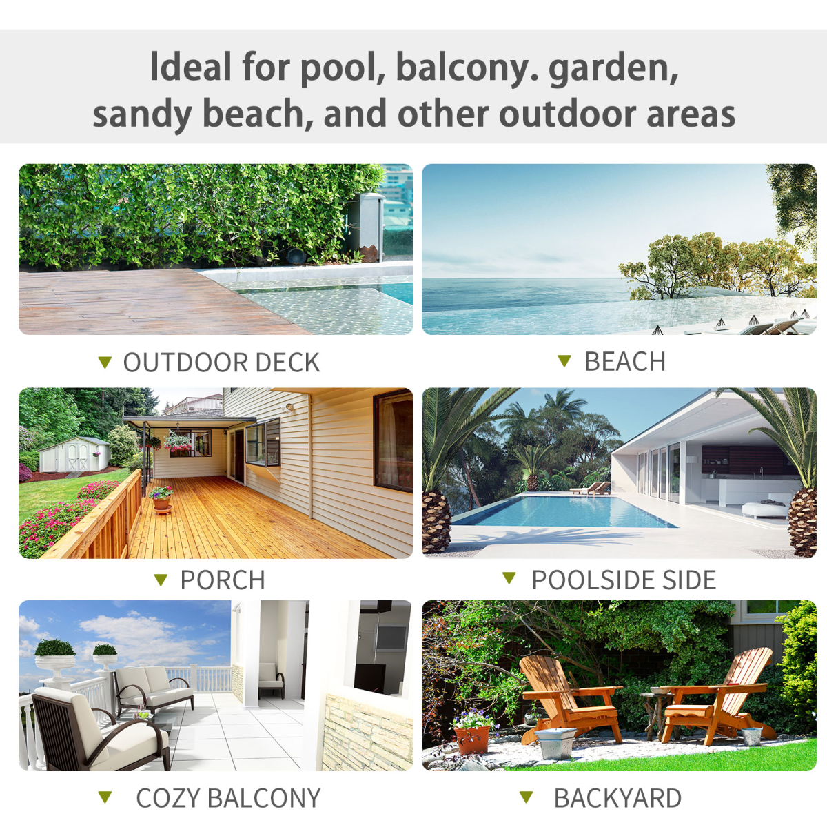 Collage of outdoor settings including a pool, beach, deck, and porch with text indicating suitability for various outdoor areas.