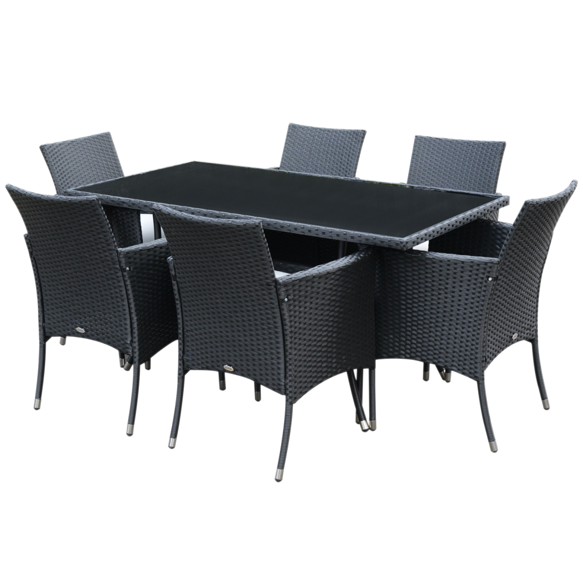 Black rectangular table with six matching chairs on a white background