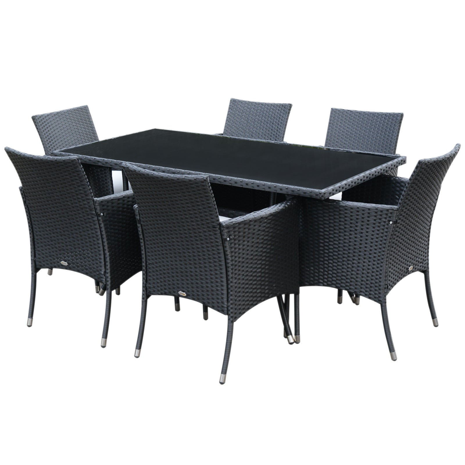 Black outdoor dining table with six matching chairs on a white background