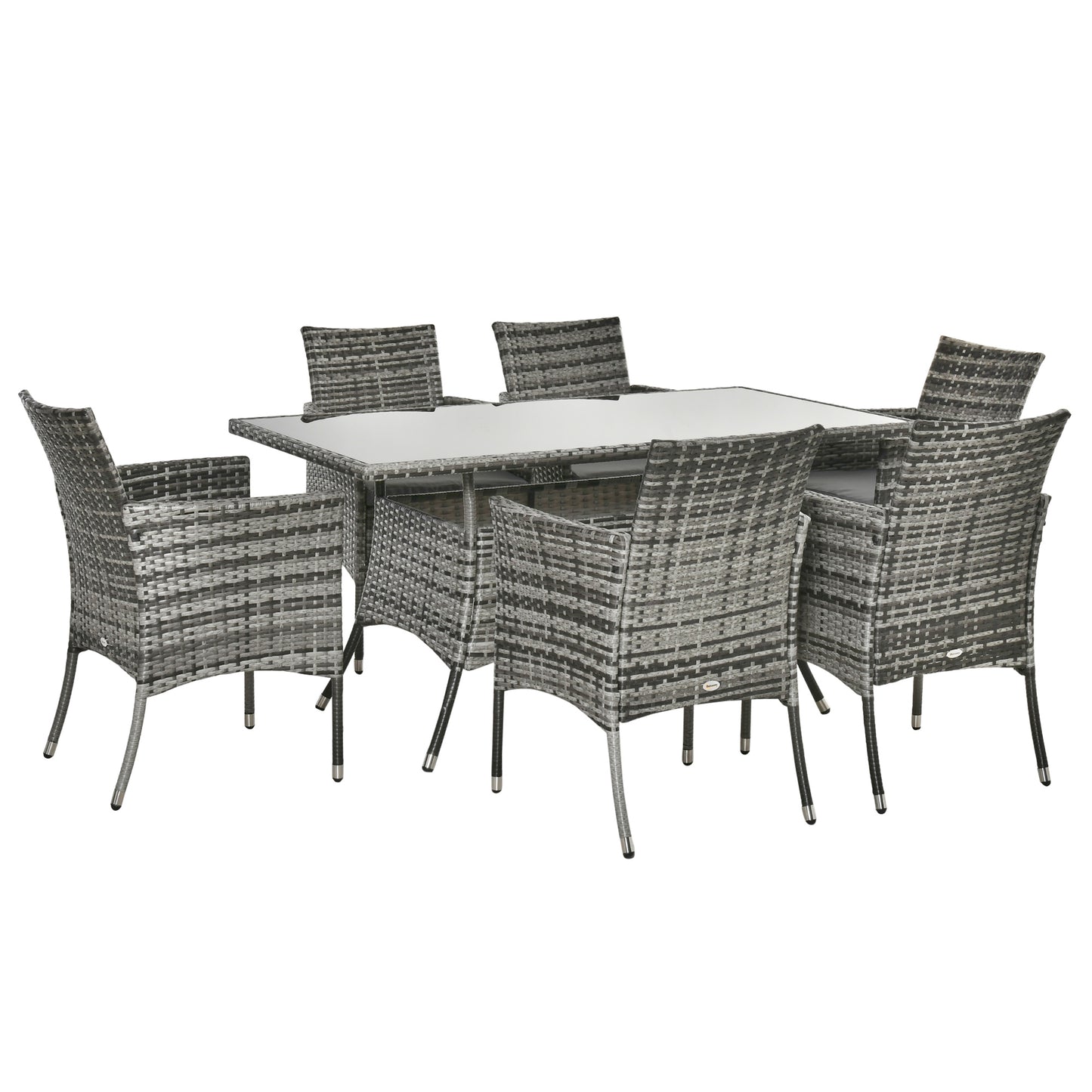 Outdoor furniture set with a square table and six chairs on a white background