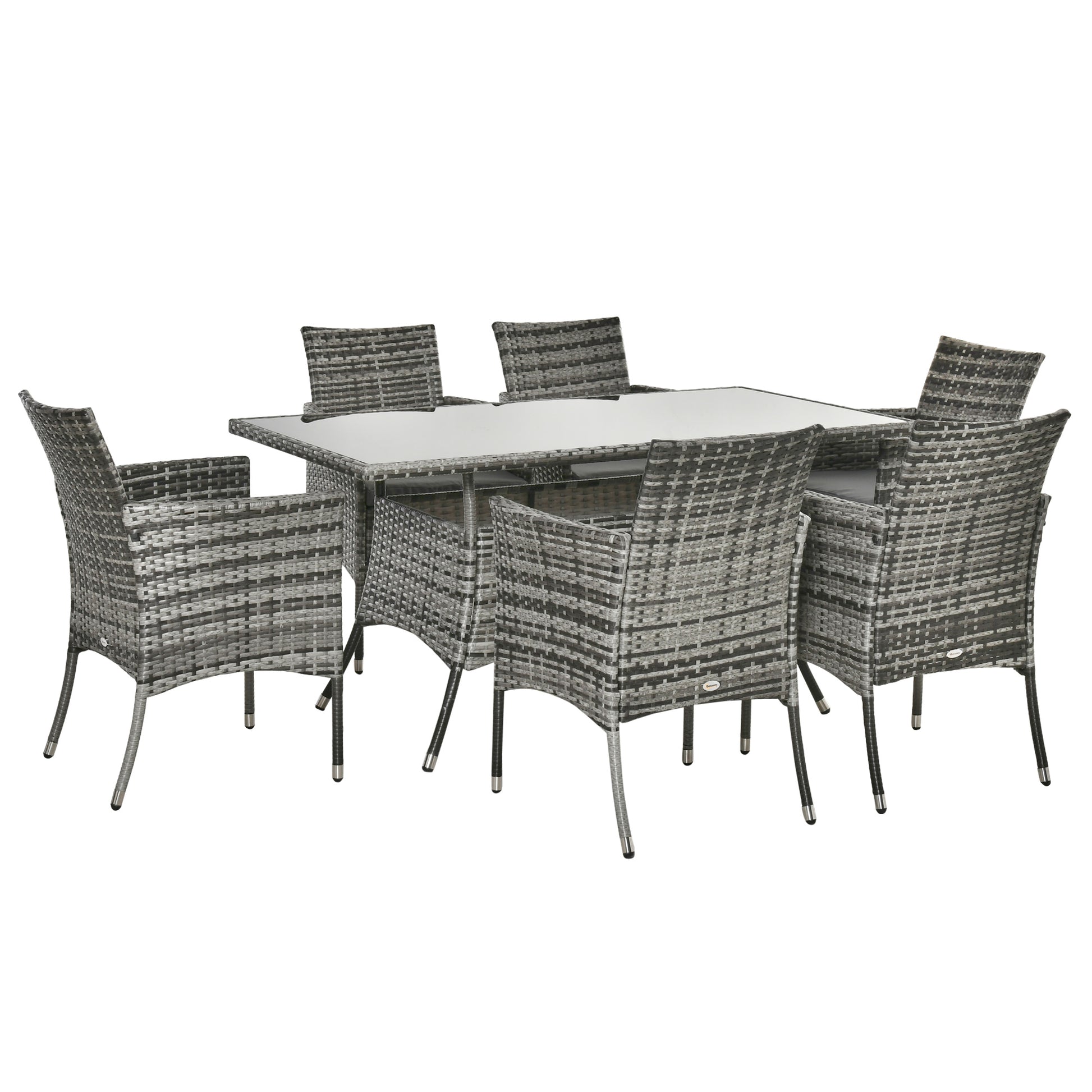 Outdoor furniture set with a square table and six chairs on a white background